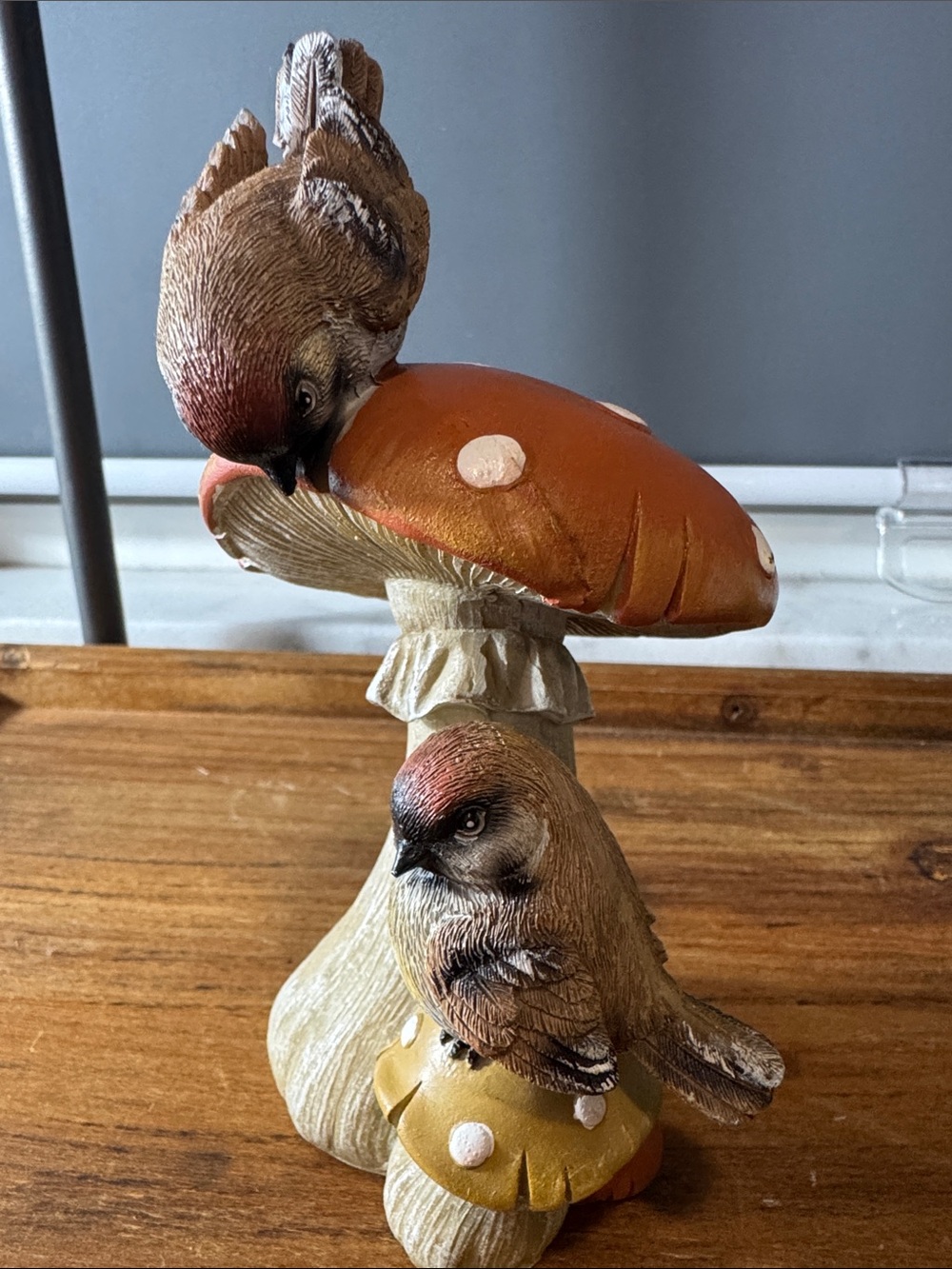 Painted Bird Figurine on Orange Mushroom - Decorative Bird Accent